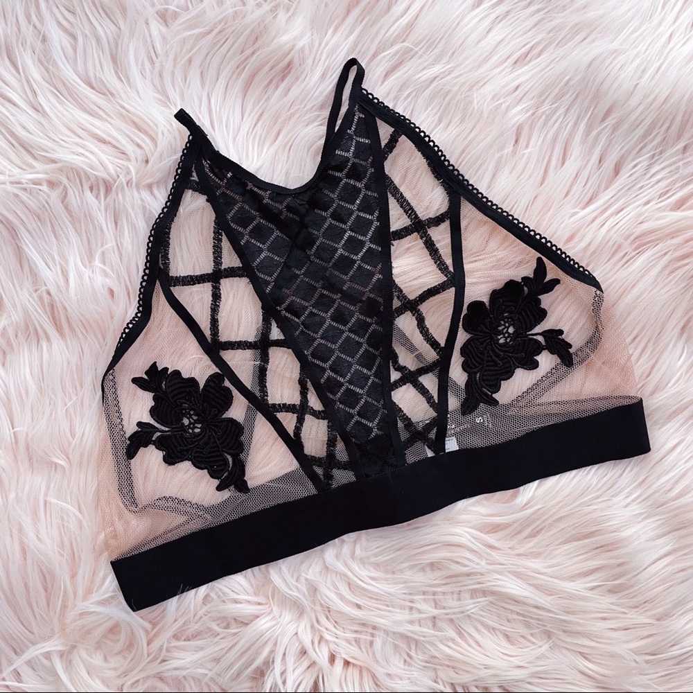 FOR LOVE & LEMONS Gorgeous High Neck Mesh Black Nude Lace Cross Back Bralette S